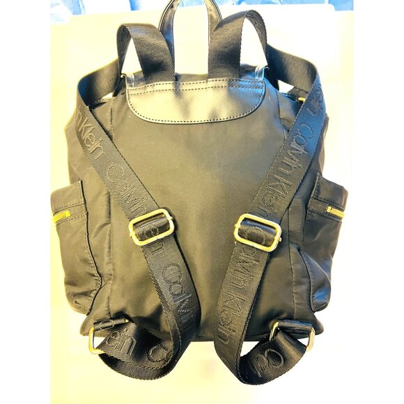 Calvin Klein Black Nylon Backpack Snap Closure Pockets Gold Colored Buckle13x12” - Picture 2 of 3